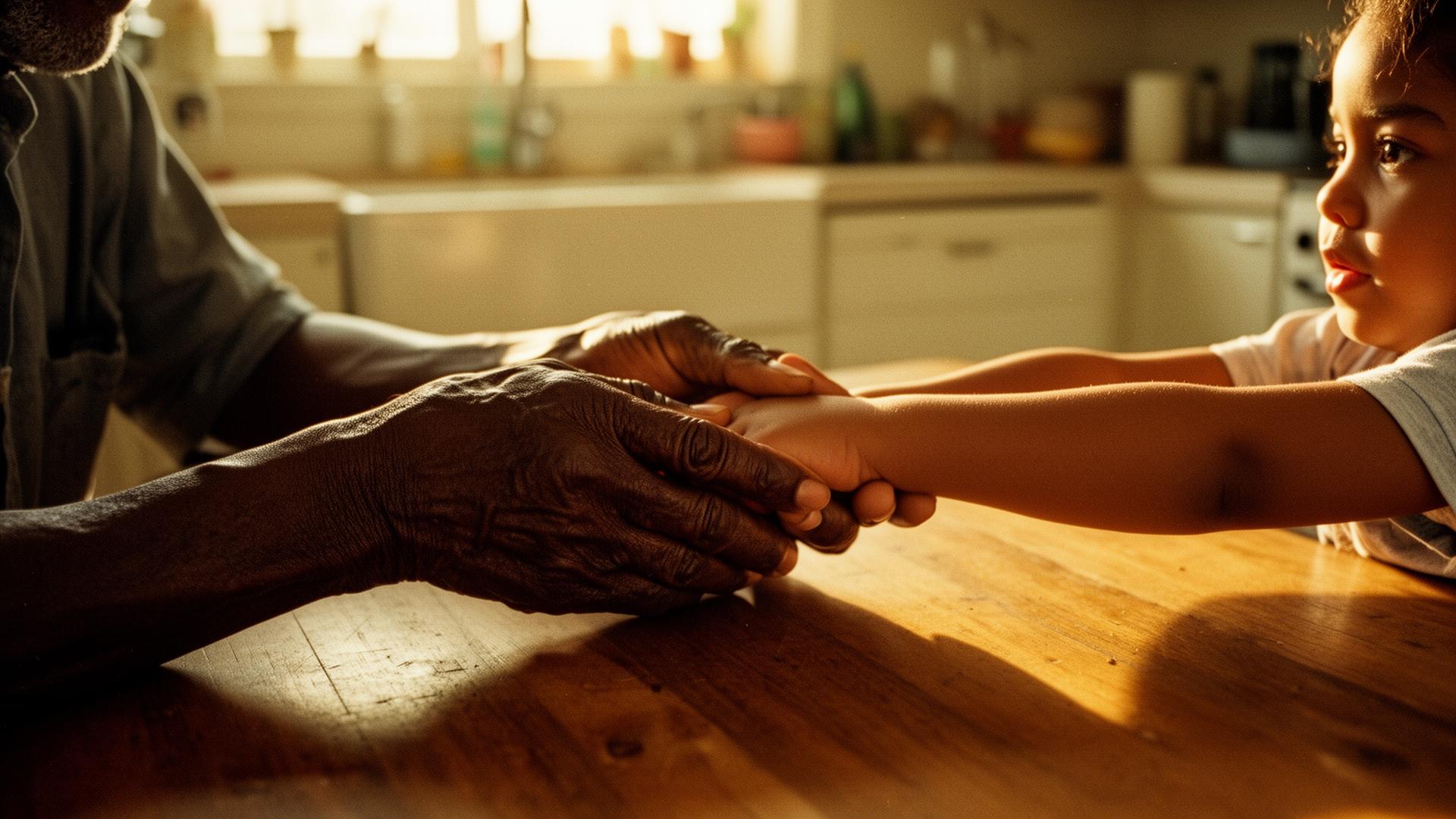 A Black grandfather's hands gently holding his grandchild's hands at a sunlit kitchen table