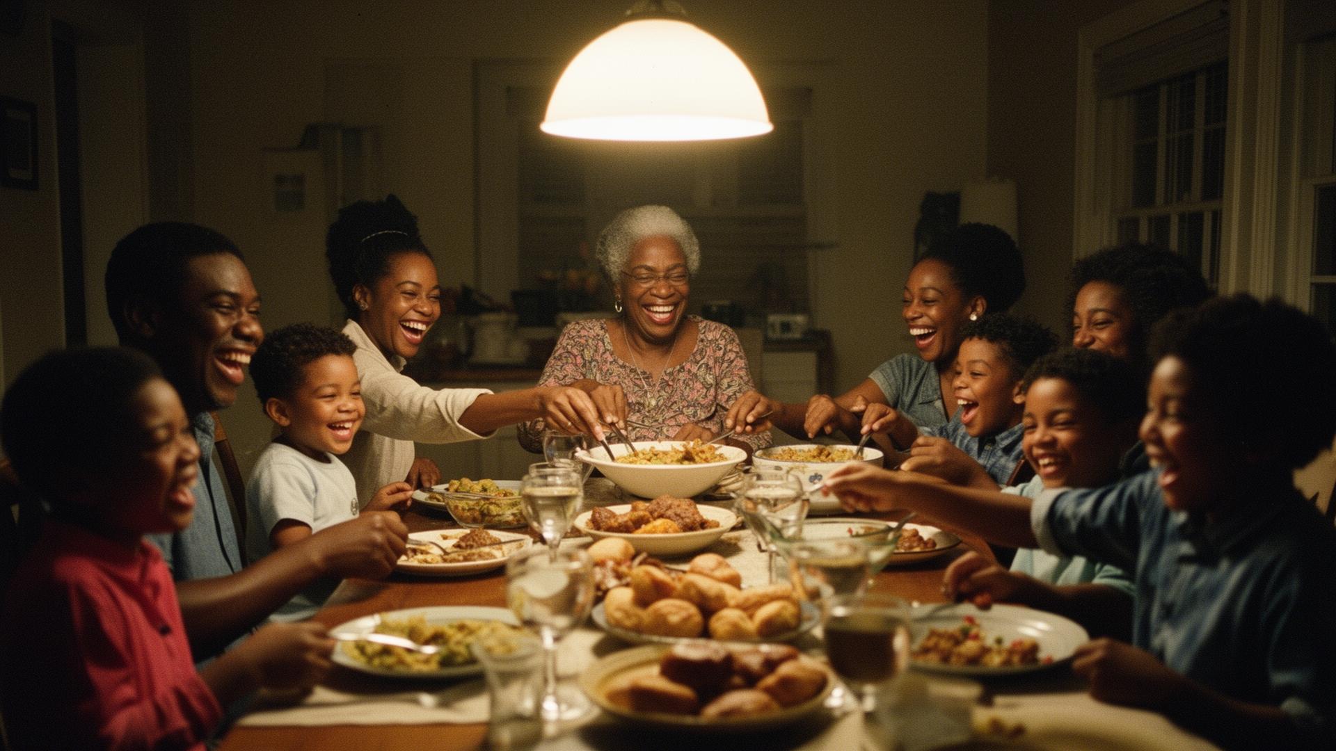 A multi-generational Black family laughing together around a Sunday dinner table